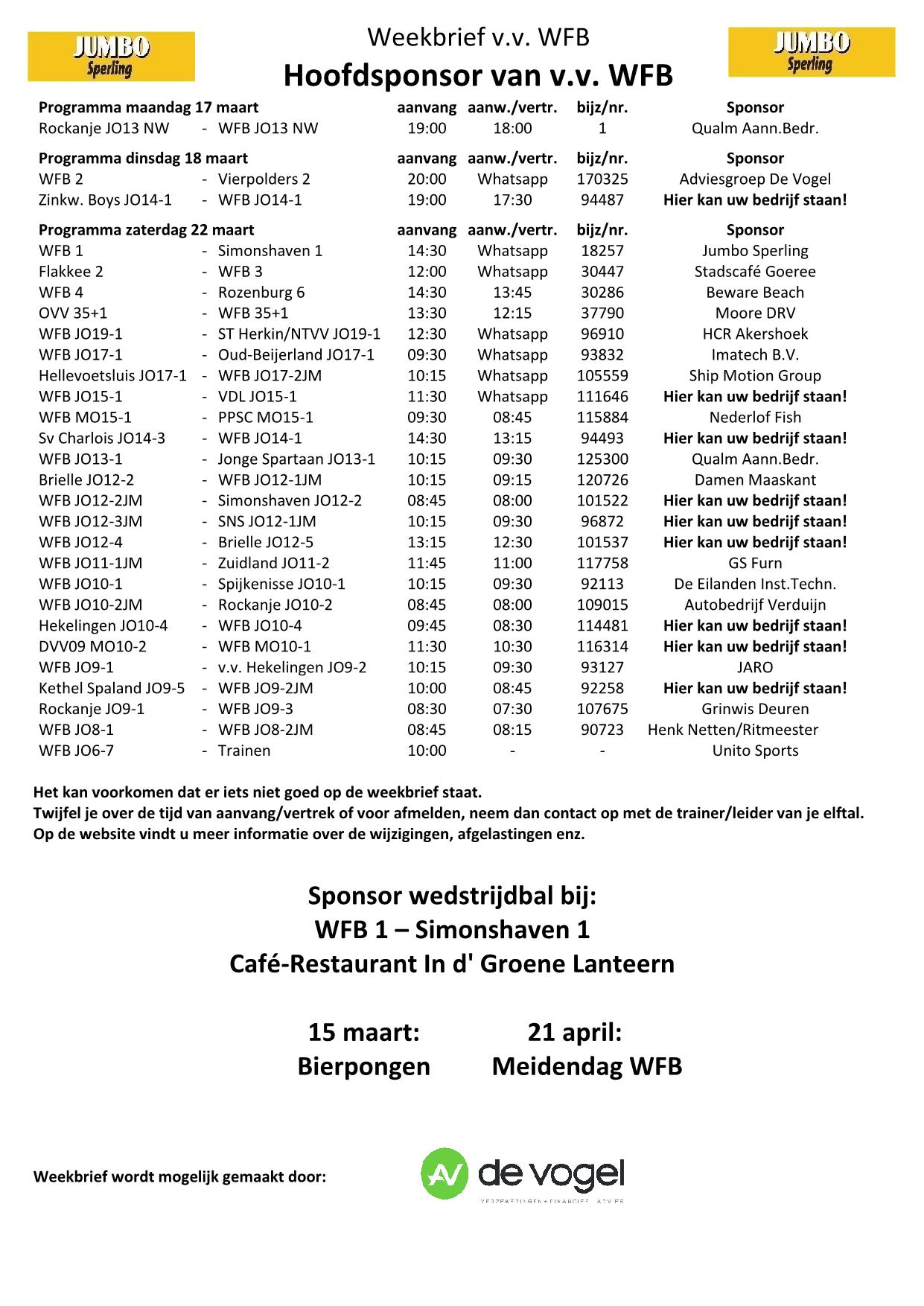 Weekbrief 26 seizoen 2024-2025, tm 22 maart